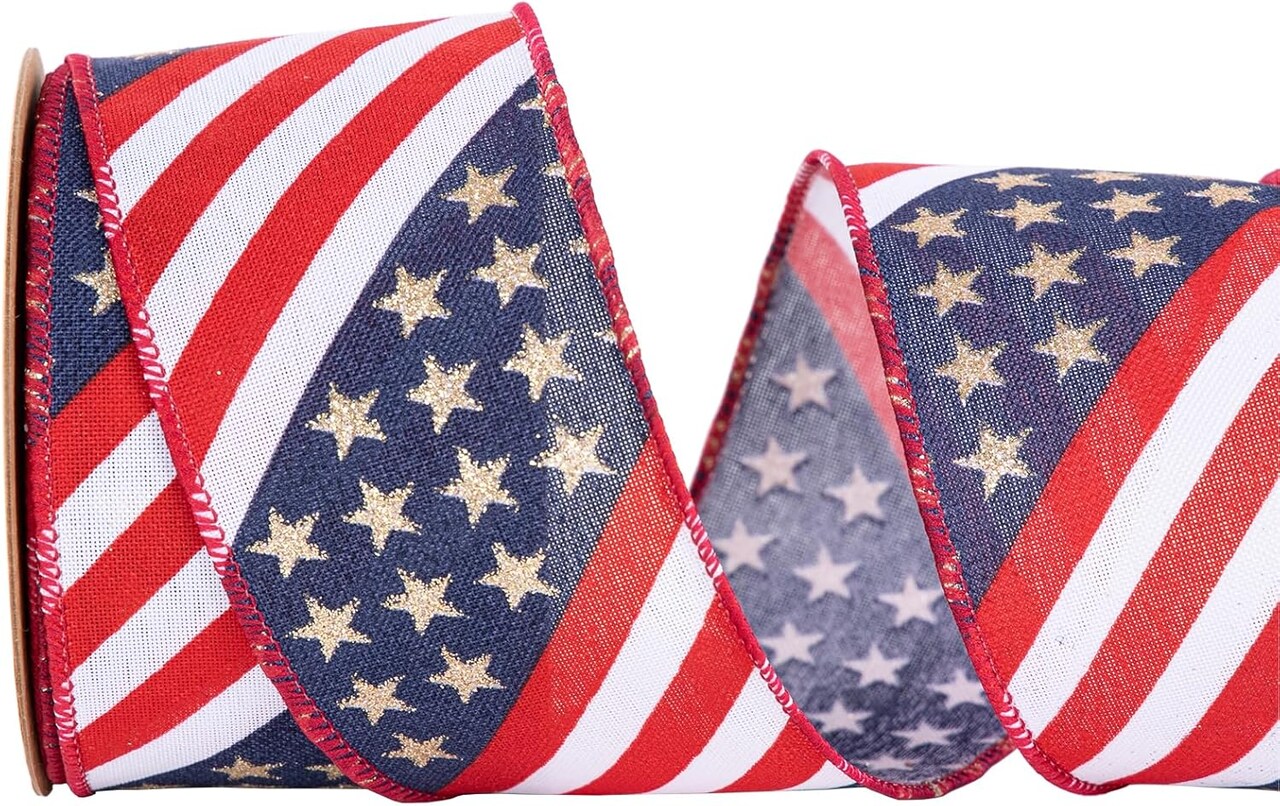 Red White Blue Patriotic Wired Ribbon, 4th of July Ribbons,Gold Stars and Stripes Design